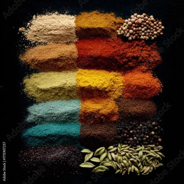 Fototapeta Colorful Spices and Powdered Herbs Arranged in Horizontal Lines