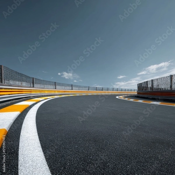 Fototapeta Curved Racing Track with Dramatic Sky and Architectural Barrier