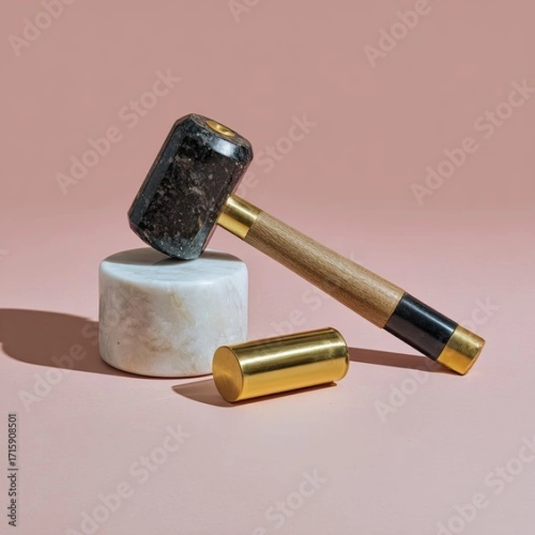 Obraz Decorative mallet and brass tool on marble base