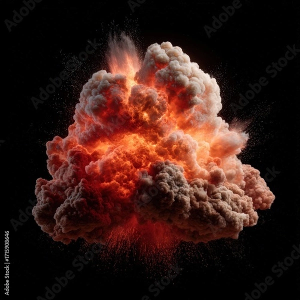 Fototapeta Dramatic fiery explosion with intense smoke against black background, representing powerful force, energy, destruction, and chaos in a captivating and highly dynamic visual spectacle