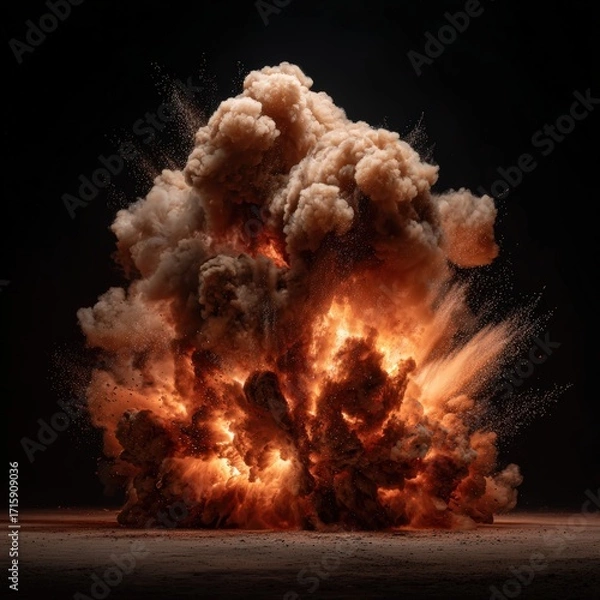 Fototapeta Massive explosion with fiery smoke cloud and dramatic lighting creating a stunning visual effect, ideal for action-packed themes and intense cinematic scenes in high resolution