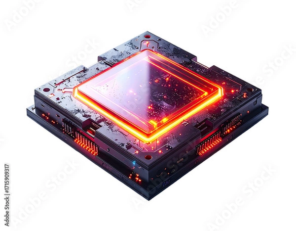 Fototapeta High-tech processor chip, glowing with intense red light