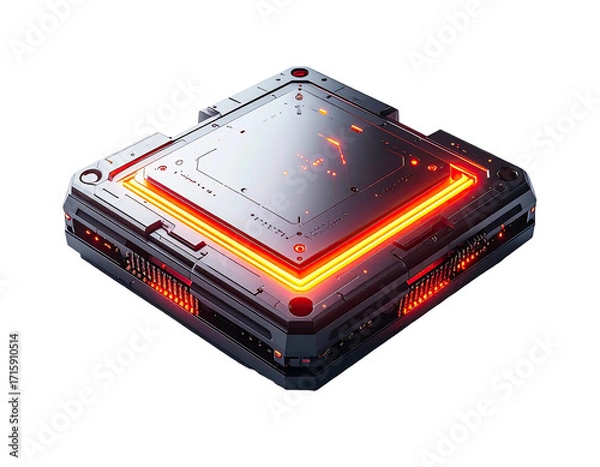 Fototapeta Metallic, square tech device with glowing orange outline