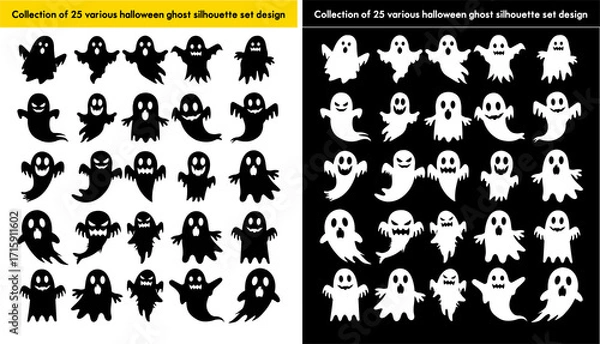 Fototapeta Collection of 25 various halloween ghost silhouette set design isolated in white and black background. Cute and spooky vector set for design and decor.