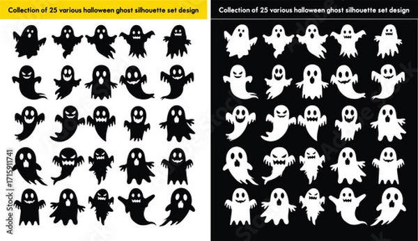 Fototapeta Collection of 25 various halloween ghost silhouette set design isolated in white and black background. Cute and spooky vector set for design and decor.