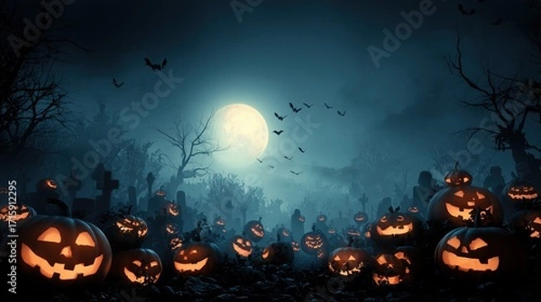 Obraz Halloween horror background with scary pumpkin, flying bats, misty moonlight and dead branches, copy space for text, perfect for poster and social media design