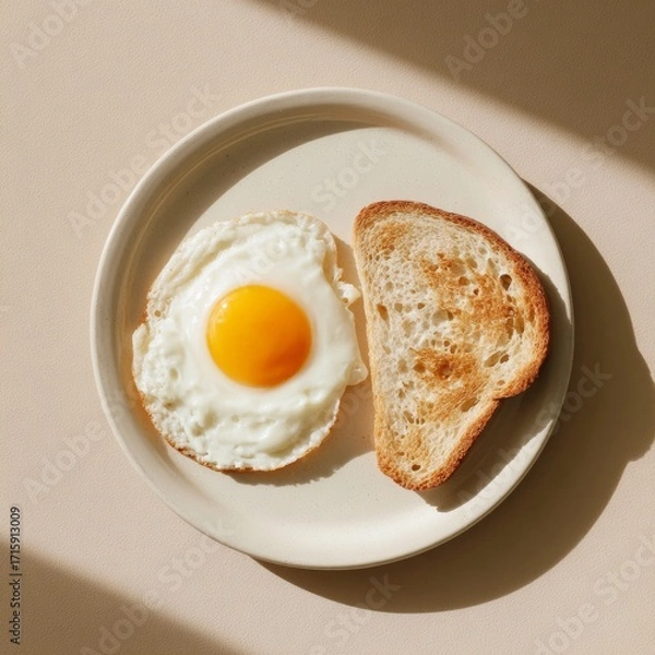 Fototapeta Delicious Breakfast Plate with Fried Egg and Toast on Neutral Background