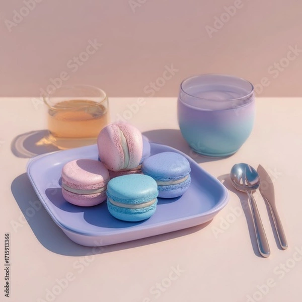 Fototapeta Colorful Macarons on a Plate with Drinks and Cutlery on Table