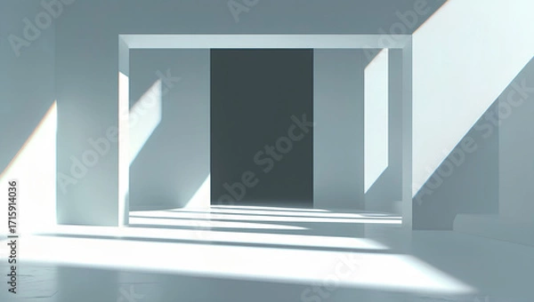 Fototapeta clean, minimalist white interior space with sharp geometric shadows and a central dark portal, suggesting modern architecture and abstract design, background