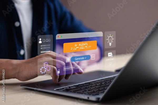Fototapeta Businessman using AI agents on laptop with virtual prompt interface, typing command, generating smart responses and accessing automation tools, representing intelligent technology for modern business