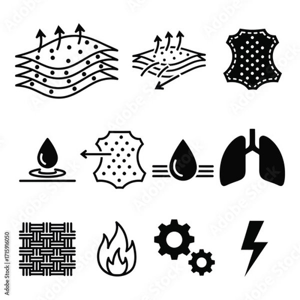 Obraz Collection of icons representing breathability material properties durability and medical concepts silhouette