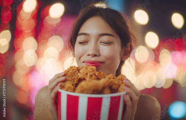 Fototapeta Woman enjoys a large bucket of fried chicken at a festive outdoor event during the evening