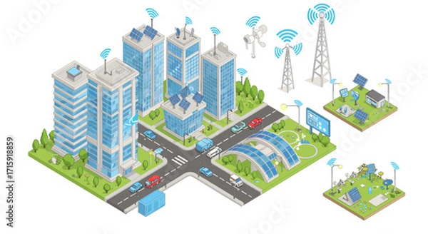 Fototapeta Smart city infrastructure vector illustration for urban development and renewable energy concepts in isometric style