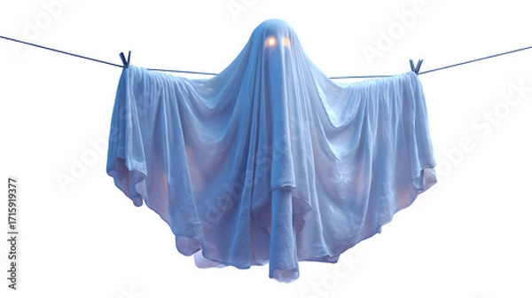 Fototapeta Hanging ghost decoration made of white cloth with glowing eyes, isolated on white background