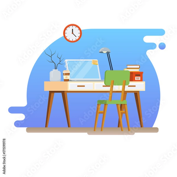 Fototapeta Concept of workplace with computer and office equipment. Flat vector illustration of Creative Workspace