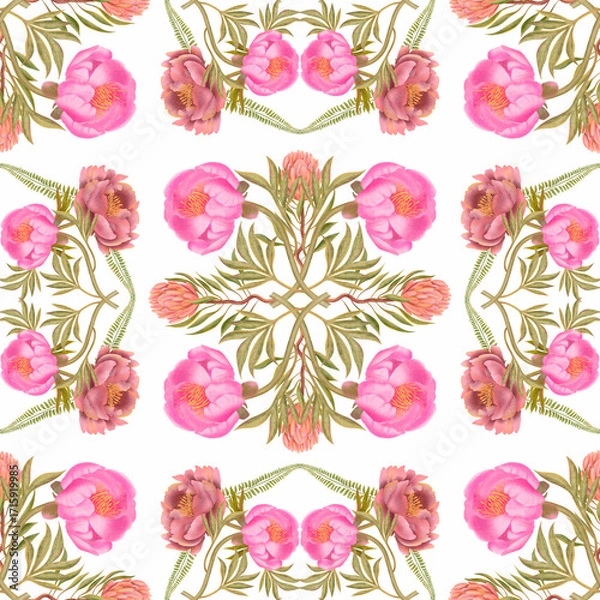 Fototapeta Hand drawn print. Seamless watercolor botanical pattern with pink peonies and green leaves on white background
