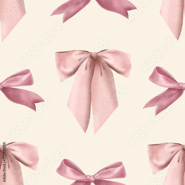 Fototapeta Hand drawn print. Seamless delicate watercolor pattern with pink bows background