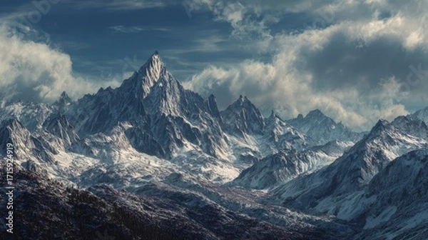 Fototapeta Jagged Snowy Peaks With Dramatic Sky Generative AI