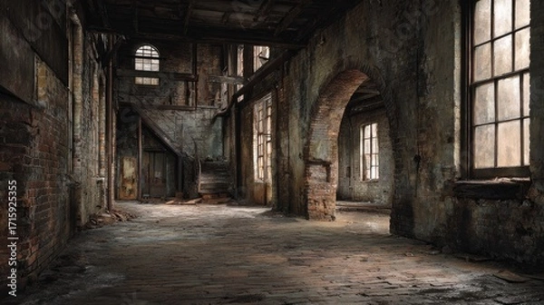 Fototapeta Empty Ruined Hall With Arched Windows Generative AI