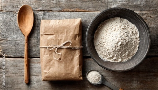 Obraz Flour, package, wooden spoon, rustic bowl