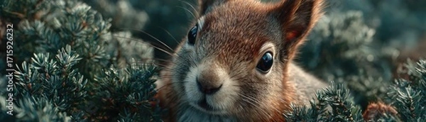Fototapeta Surprised squirrel cautiously peeks around corner concept. Close-up view of a curious squirrel peeking through foliage.