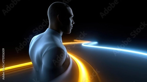 Fototapeta Inspirational coaching with guiding mentor concept. A contemplative figure illuminated by glowing light paths.