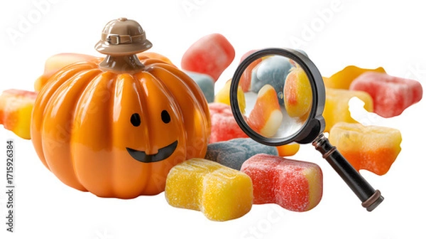 Fototapeta Pumpkin detective with magnifying glass, searching candy clues, isolated on white