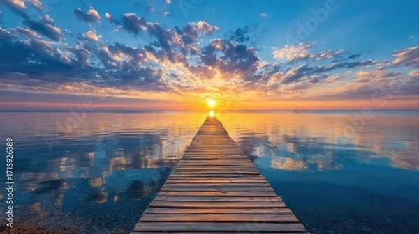 Fototapeta Goal to success with step route pathway concept. A serene sunset view over a tranquil lake from a wooden pier.