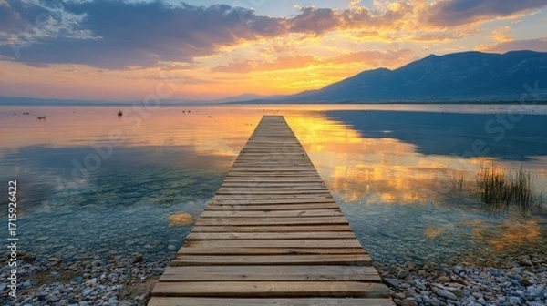 Fototapeta Goal to success with step route pathway concept. A serene wooden pier extending into a tranquil lake at sunset.