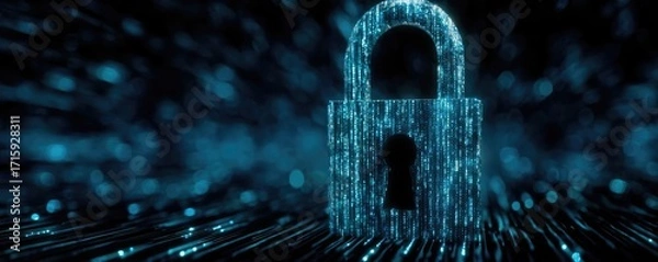 Fototapeta Cyber security and data protection strategy concept. Digital lock symbolizing cybersecurity and data protection.
