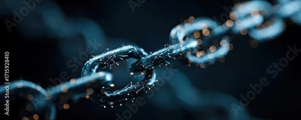 Fototapeta Cyber security and data protection strategy concept. A close-up of a metallic chain link with a dark background.