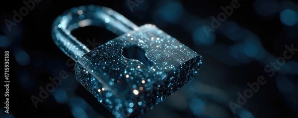 Fototapeta Cyber security and data protection strategy concept. A close-up of a shiny padlock with droplets of water on it.