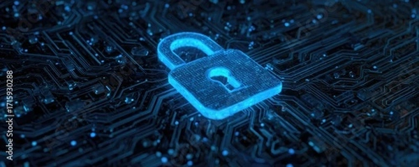 Fototapeta Cyber security and data protection strategy concept. Digital security lock symbol on a circuit board background.
