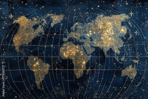 Fototapeta Global night sky illuminated world map digital art starscape aerial view geographic representation
