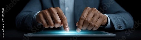 Fototapeta Ai-driven document processing helps businessmen concept. Close-up of hands interacting with a glowing digital tablet.