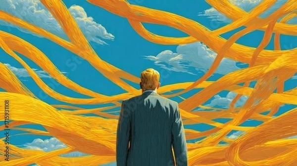Fototapeta Man facing tangled lines of complex problem concept. A man stands in awe beneath swirling strands of vivid color.