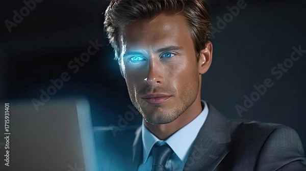 Fototapeta Ai-driven document processing helps businessmen concept. Confident businessman working late with computer and focused gaze.