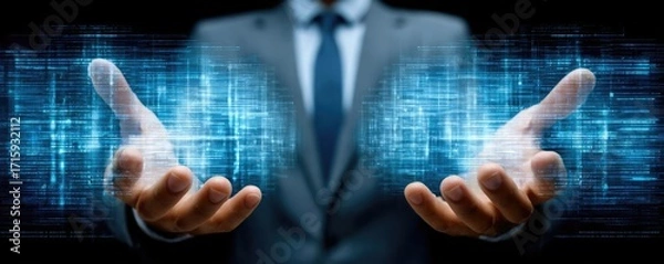 Fototapeta Ai-driven document processing helps businessmen concept. Businessman showcasing digital innovation with virtual interface.