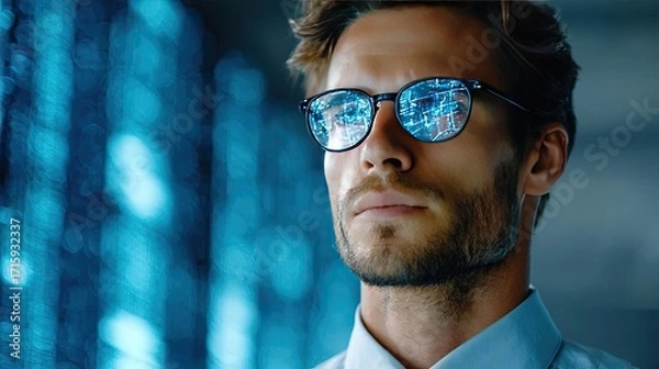 Fototapeta Ai-driven document processing helps businessmen concept. Focused businessman with glasses, reflecting digital data patterns.