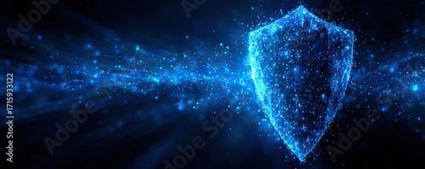 Fototapeta Cyber security and data protection strategy concept. A glowing blue shield representing digital security and protection.
