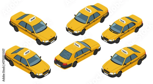 Fototapeta Isometric yellow taxi cab set with multiple angles and detailed views