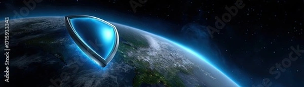 Fototapeta Cyber security and data protection strategy concept. Futuristic spacecraft hovering above Earth in deep space.