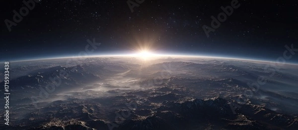Fototapeta Earth sunrise view from space, mountains and atmospheric haze visible