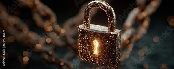 Fototapeta Cyber security and data protection strategy concept. Golden padlock with a glowing keyhole, symbolizing security.