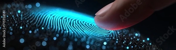 Fototapeta Cyber security and data protection strategy concept. Close-up of a finger interacting with a digital fingerprint sensor.