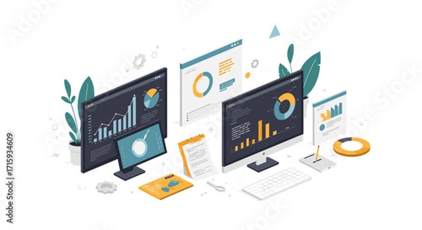 Fototapeta Modern isometric workspace with data analytics and technology elements