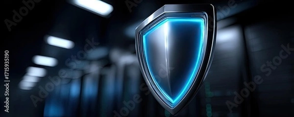 Fototapeta Cyber security and data protection strategy concept. Futuristic shield icon with blue light in a tech environment.