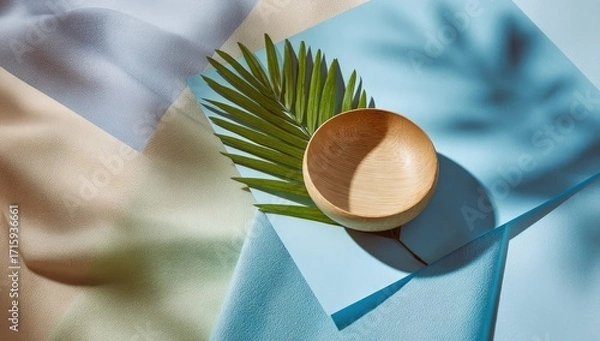 Fototapeta Empty wooden bowl on pastel colored fabric with palm leaf