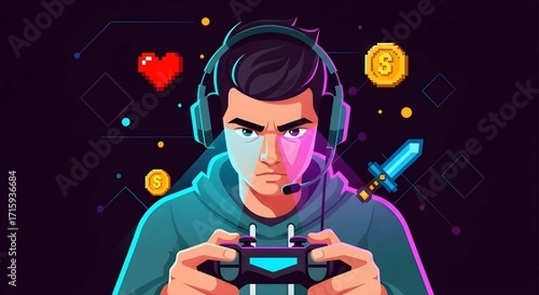 Fototapeta A Young Man Playing Games with a Headset