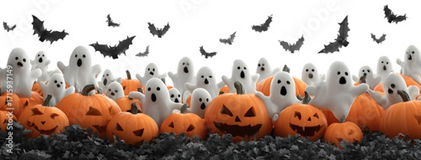 Fototapeta Wide composition of ghosts popping out of pumpkins, bats flying above, isolated on white